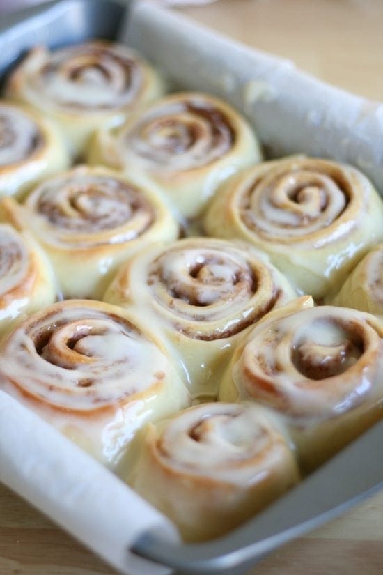 finished Cinnamon Rolls in baking pan